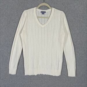 Laura Scott Sweater Women Large White Cable V Neck Thin Neutral Classic Academia